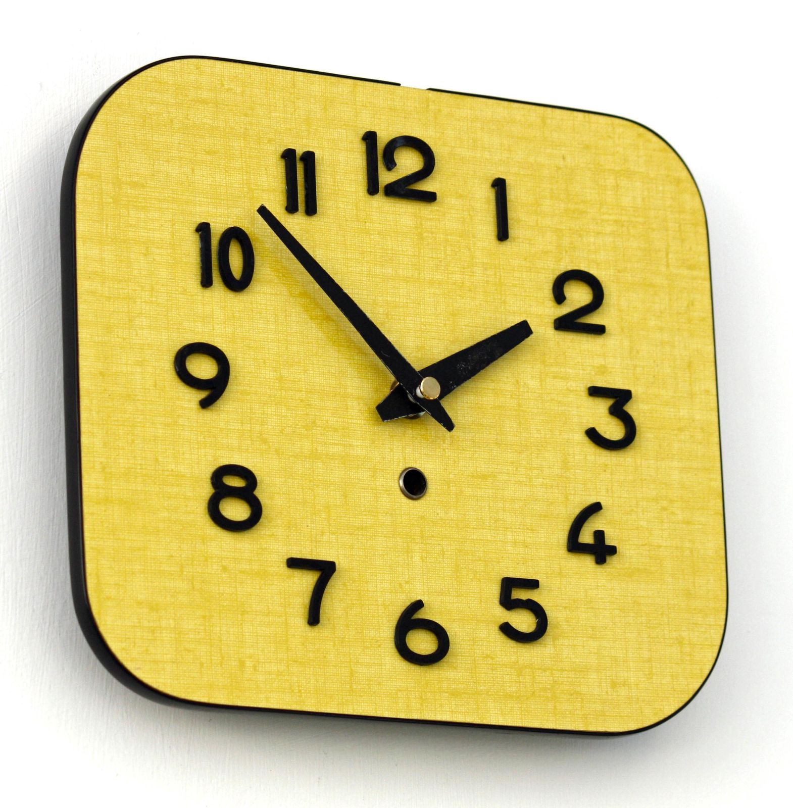 Vintage French Wall Clock   23cm Retro Mid Century Style Wooden Yellow Formica French 1950s Atomic Gift Off The Wall Clocks photo furniture