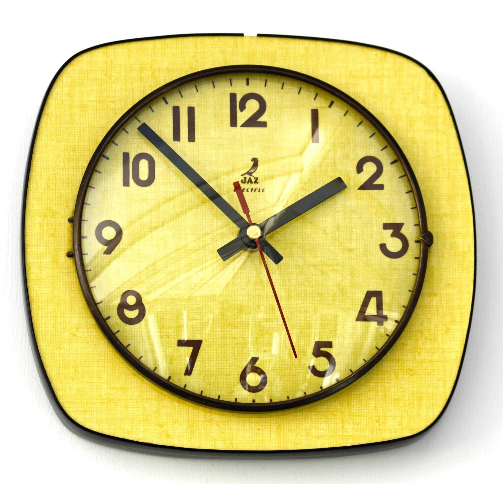 Vintage Jaz Wall Clock   22cm Mid Century Style Wooden Yellow Formica French Retro Wooden 1960s Atomic Gift Off The Wall Clocks