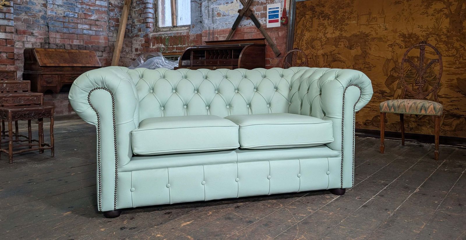 Classic 3 Seat And Matching 2 Seat Chesterfield Sofas In Premium Soft Mint Green Leather. New Stock! photo for sale