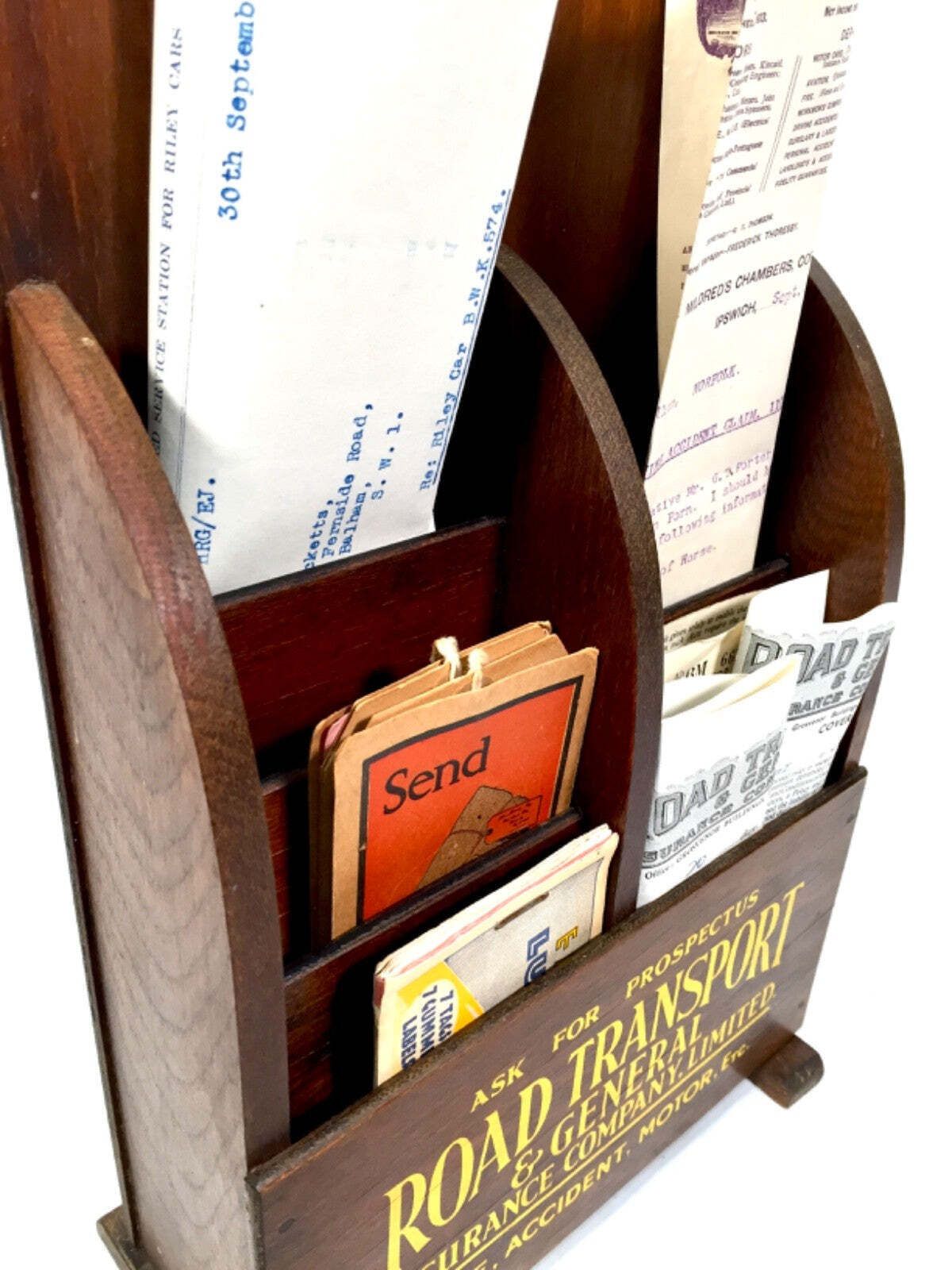 Antique Advertising Wooden Leaflet Holder Road Transport & General Insurance photo vinterior