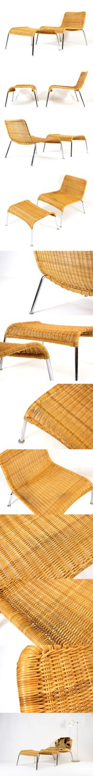 Retro Vintage Danish Chrome Rattan Lounge Easy Lounge Chair Armchair + Stool 70s photo furniture