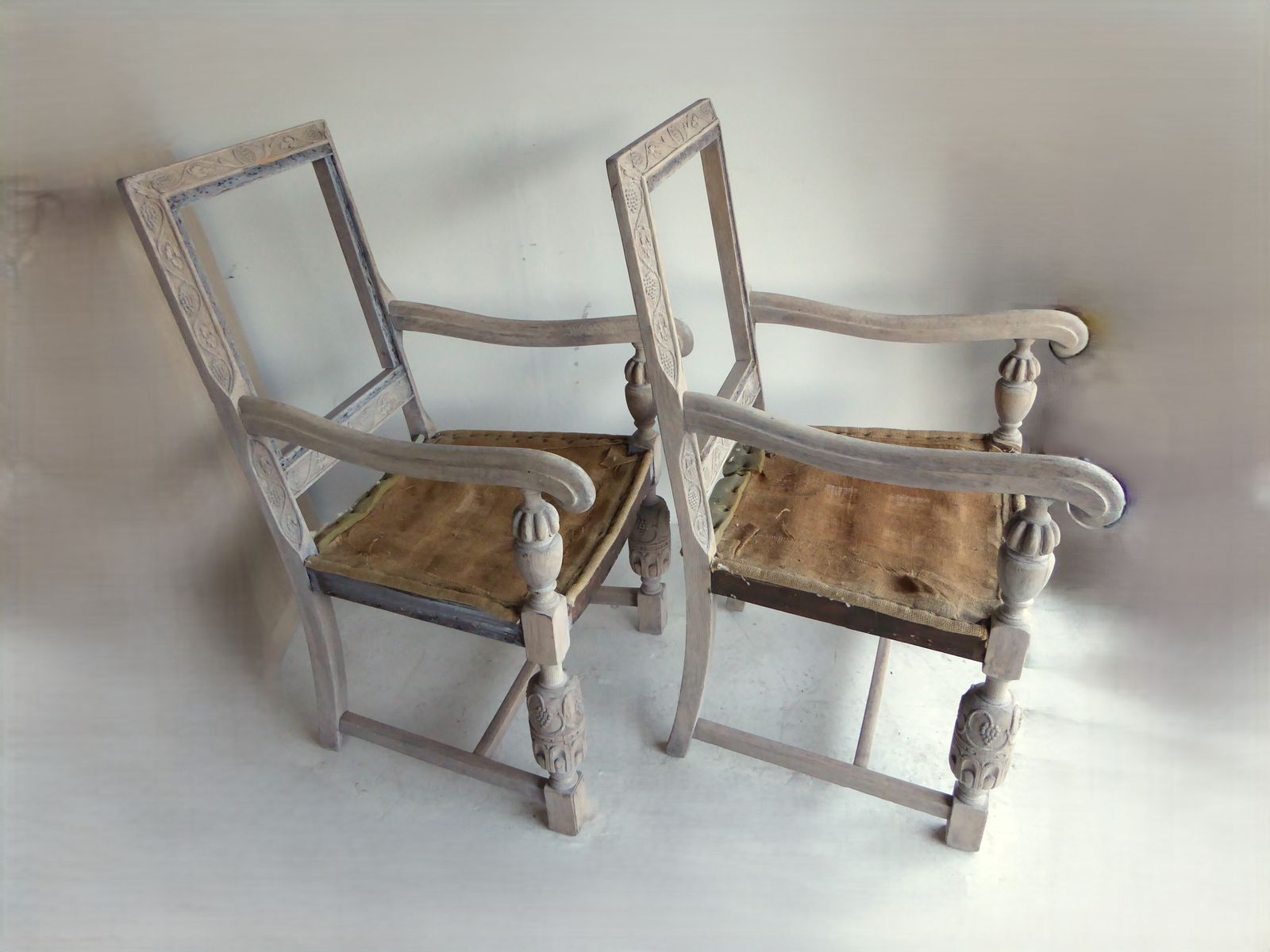 photo for sale Pair Of  French Weathered Oak Late 19th Century Upholstered  Armchairs Carver Chairs