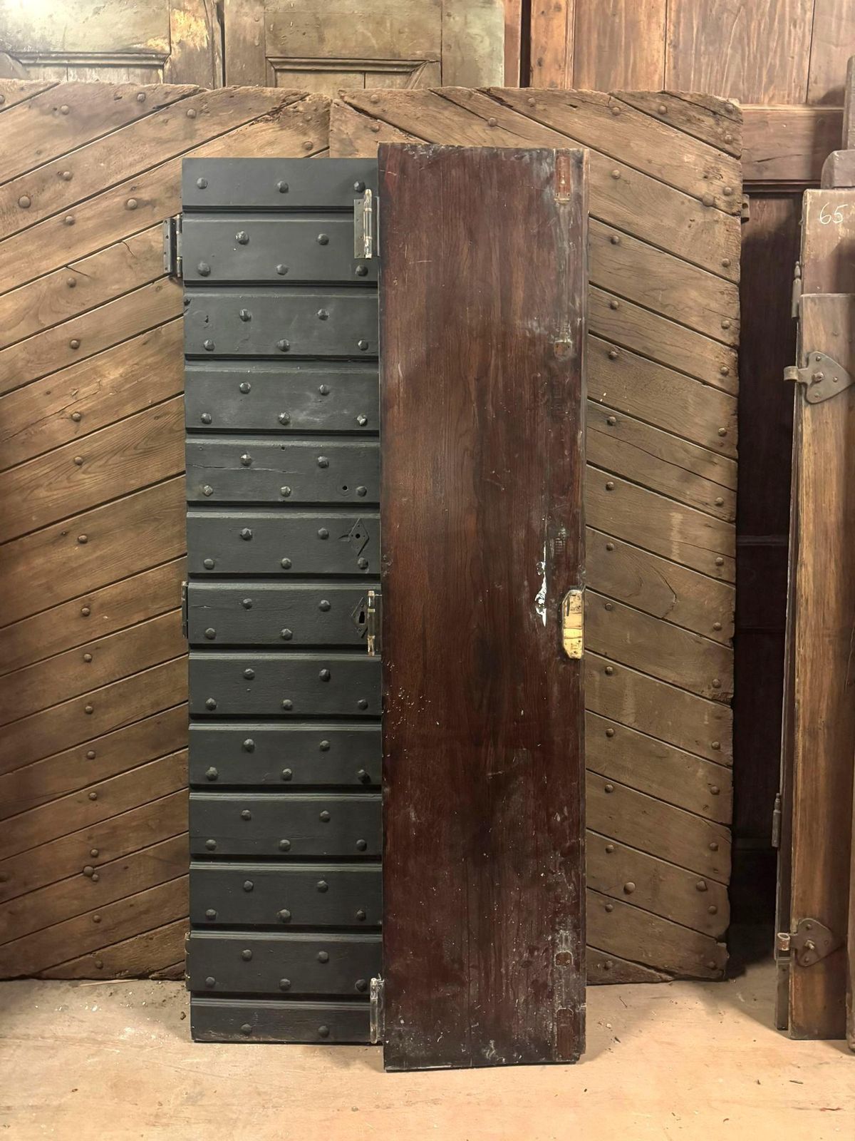 Handcrafted Black Lacquered Solid Wood Nailed Entry Door photo for sale