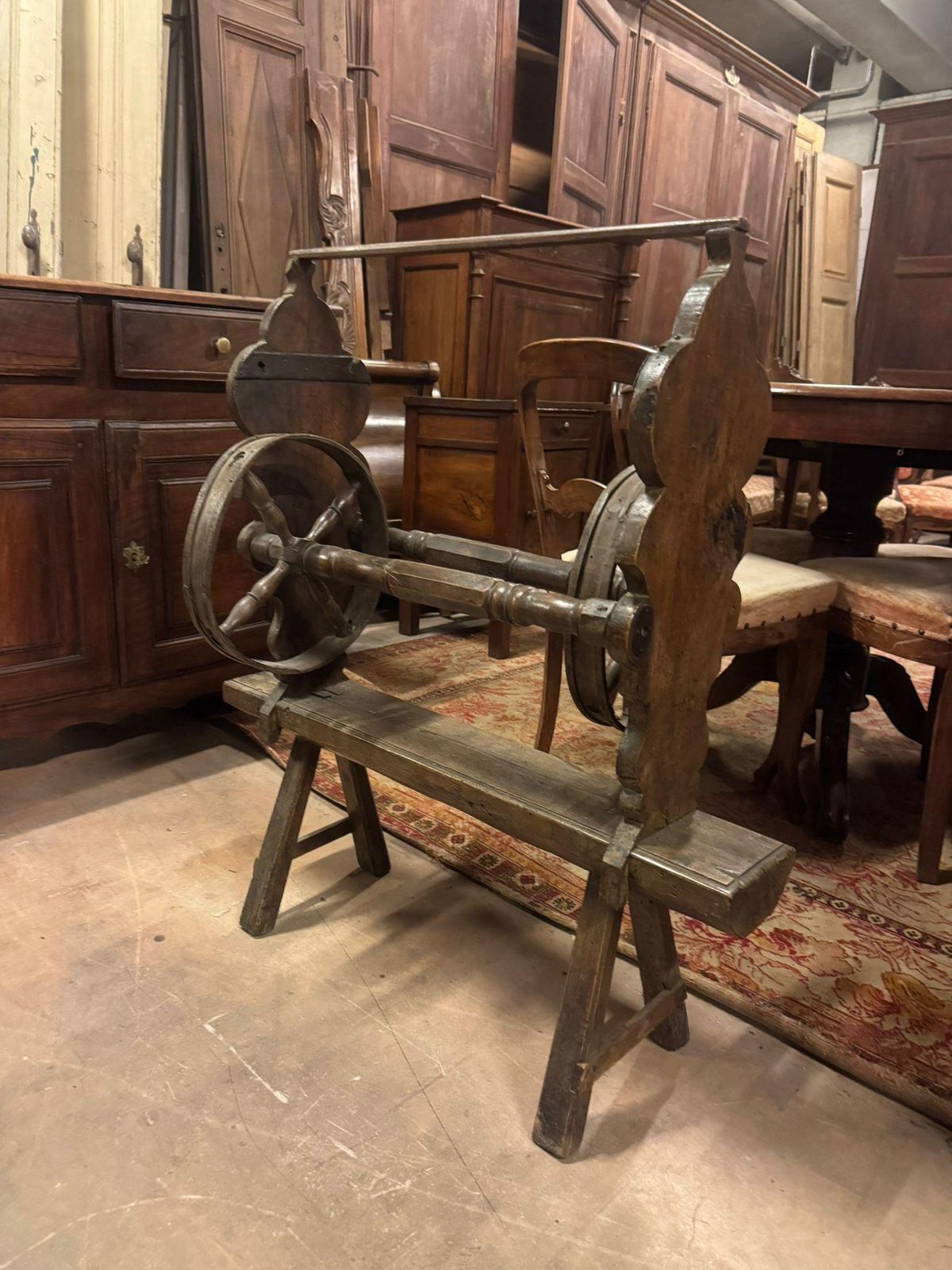 Antique Wooden Spinning Wheel With Crank, Work Tool, Italy photo 1247.0