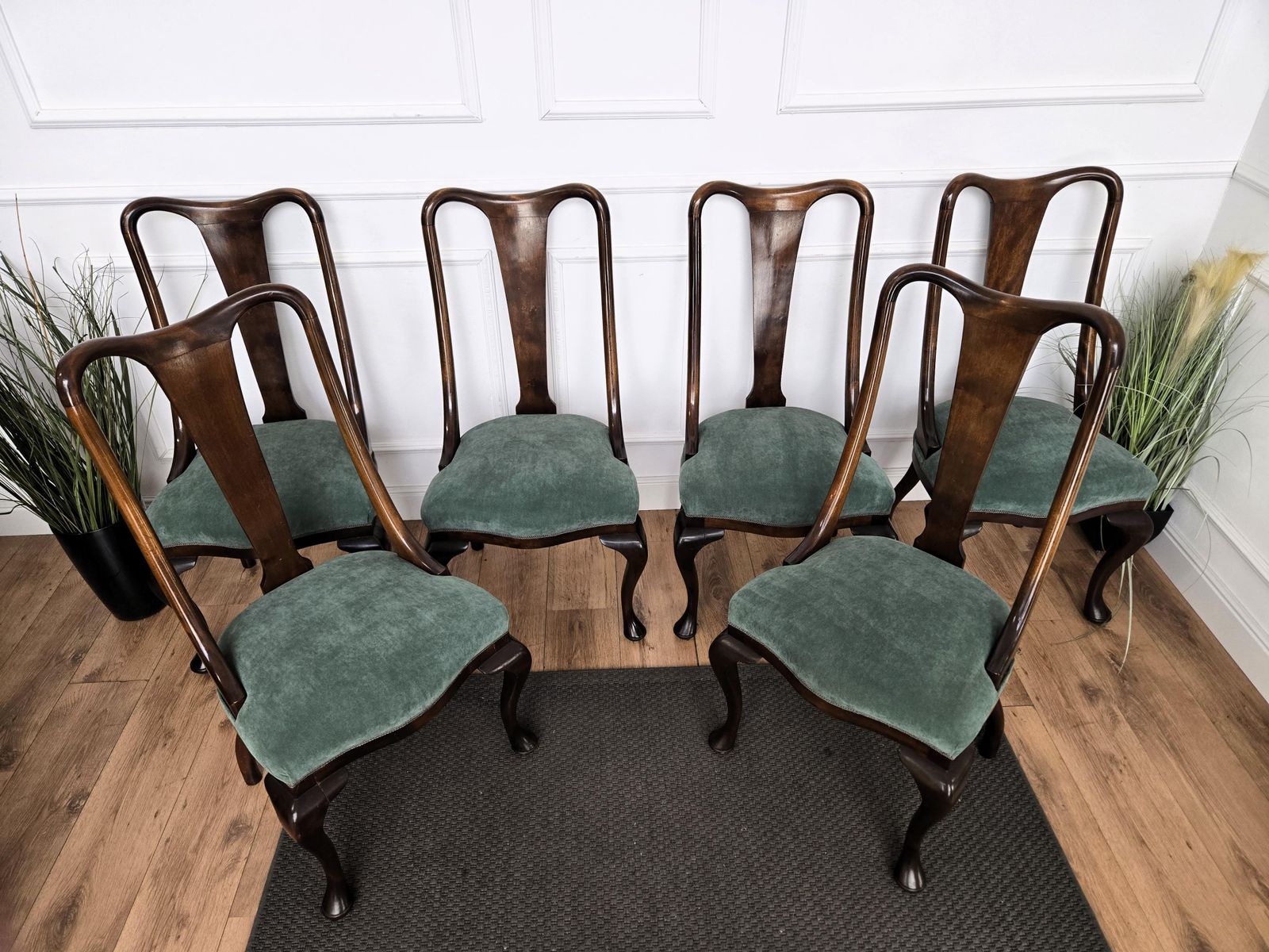 photo for sale Set Of 6 Mid Century Modern Italian Walnut Wood Upholstered Dining Chairs
