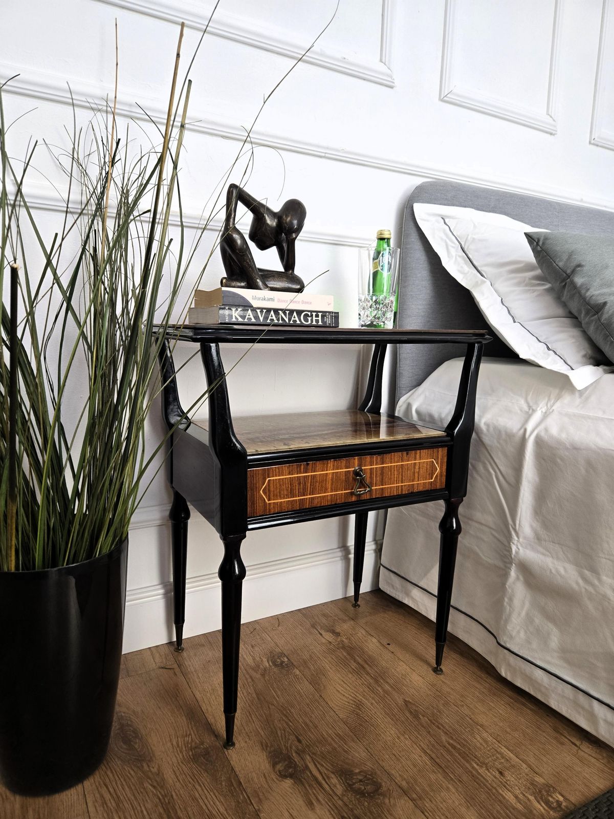 Pair Of Mid Century Italian Art Deco Nightstands Bedside Tables Walnut Glass Top photo for sale