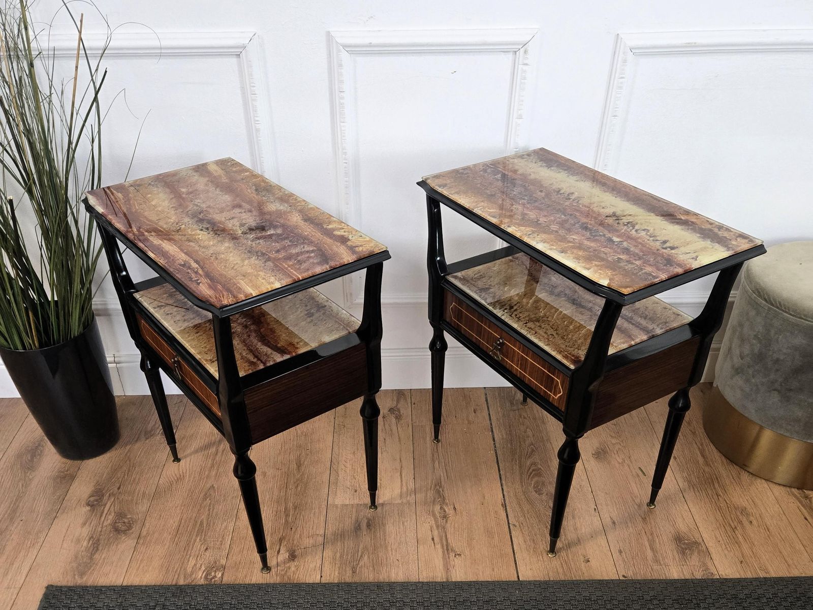 photo furniture Pair Of Mid Century Italian Art Deco Nightstands Bedside Tables Walnut Glass Top