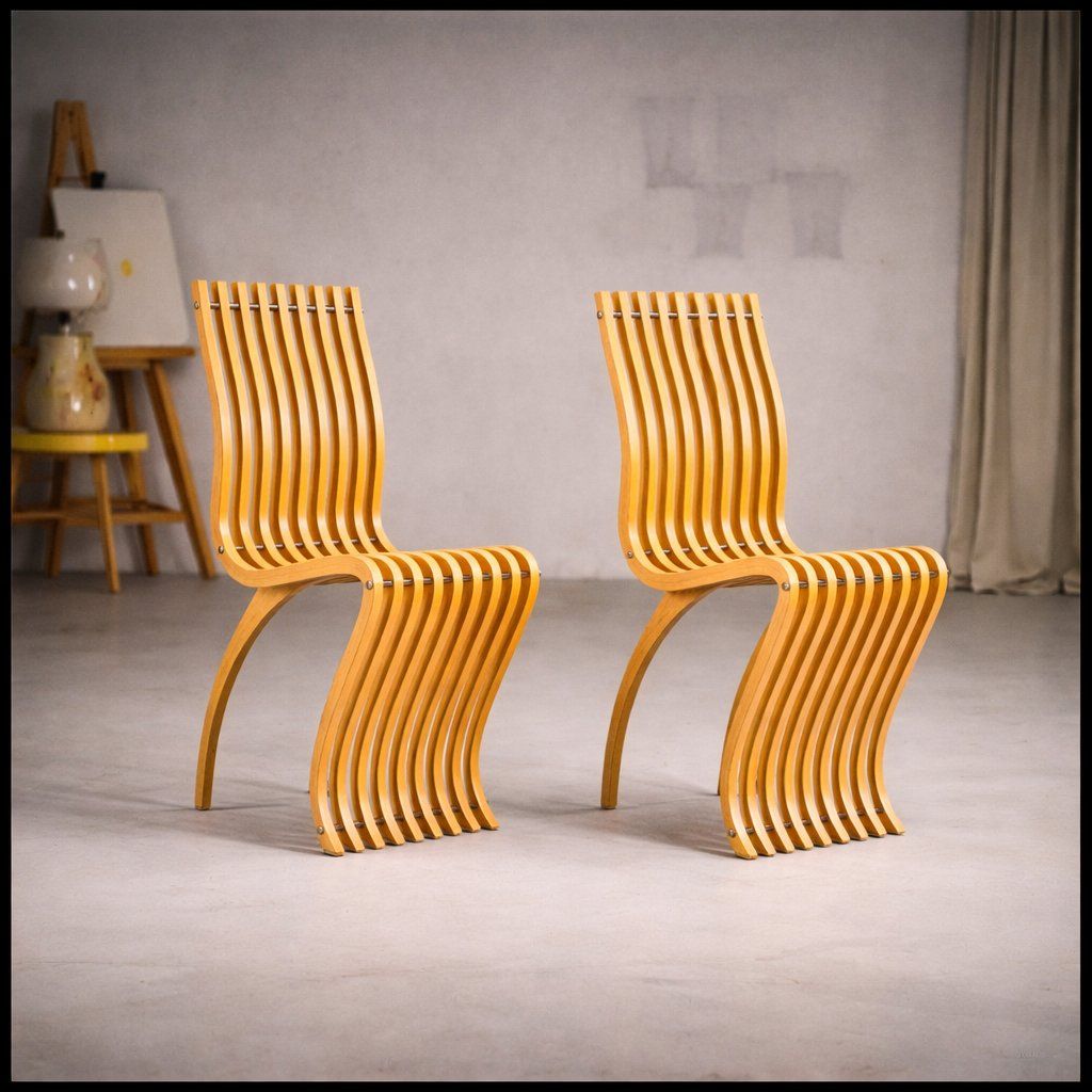 photo vintage Schizzo Chairs In Beech And Chrome By Ron Arad For Vitra, Germany, 1980s, Set Of 2