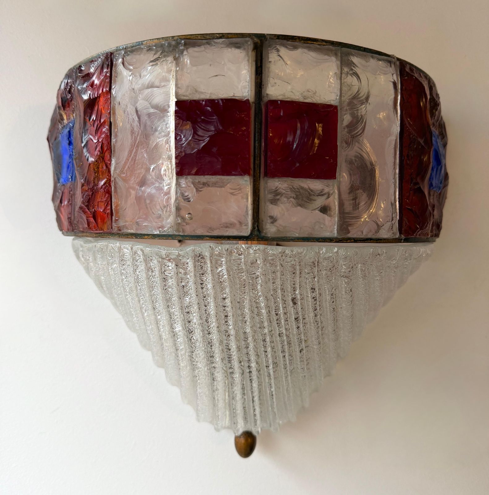 Hammered Glass Wrought Iron Murano Glass Sconce By Longobard, Italy, 1970s photo for sale