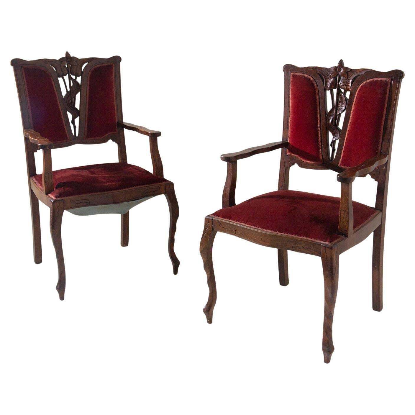 Pair Of Red Italian Art Nouveau Armchairs In The Style Of Georges De Feure