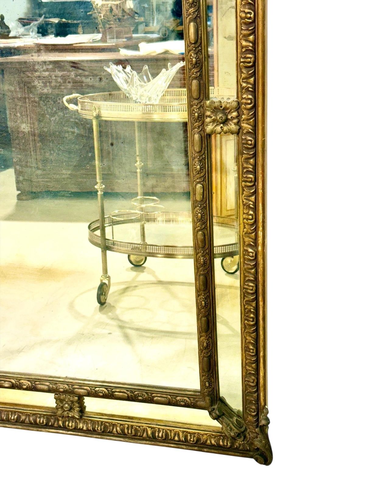 3148.0 Large Napoléon III Giltwood Mirror With Laurel Crest, And Aged Glass photo