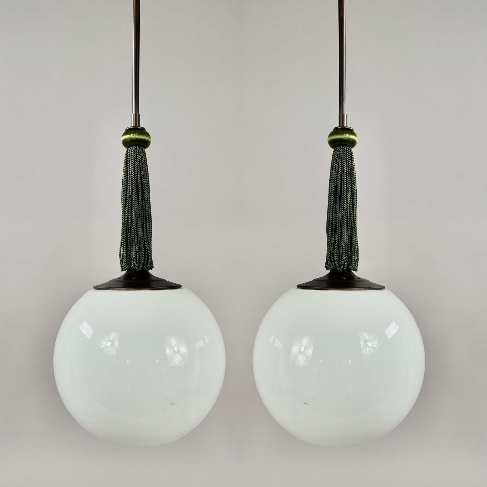 Opaline Glass & Burnished Brass Ball Pendant With Tassel, Germany 1930s photo furniture