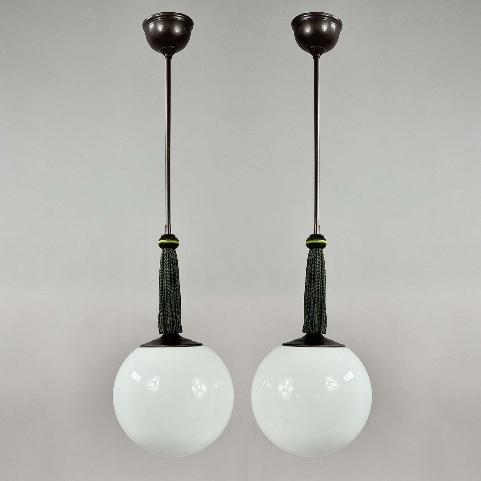 Opaline Glass & Burnished Brass Tassel Ball Pendants, Germany 1930s, Set Of 2 photo Lighting