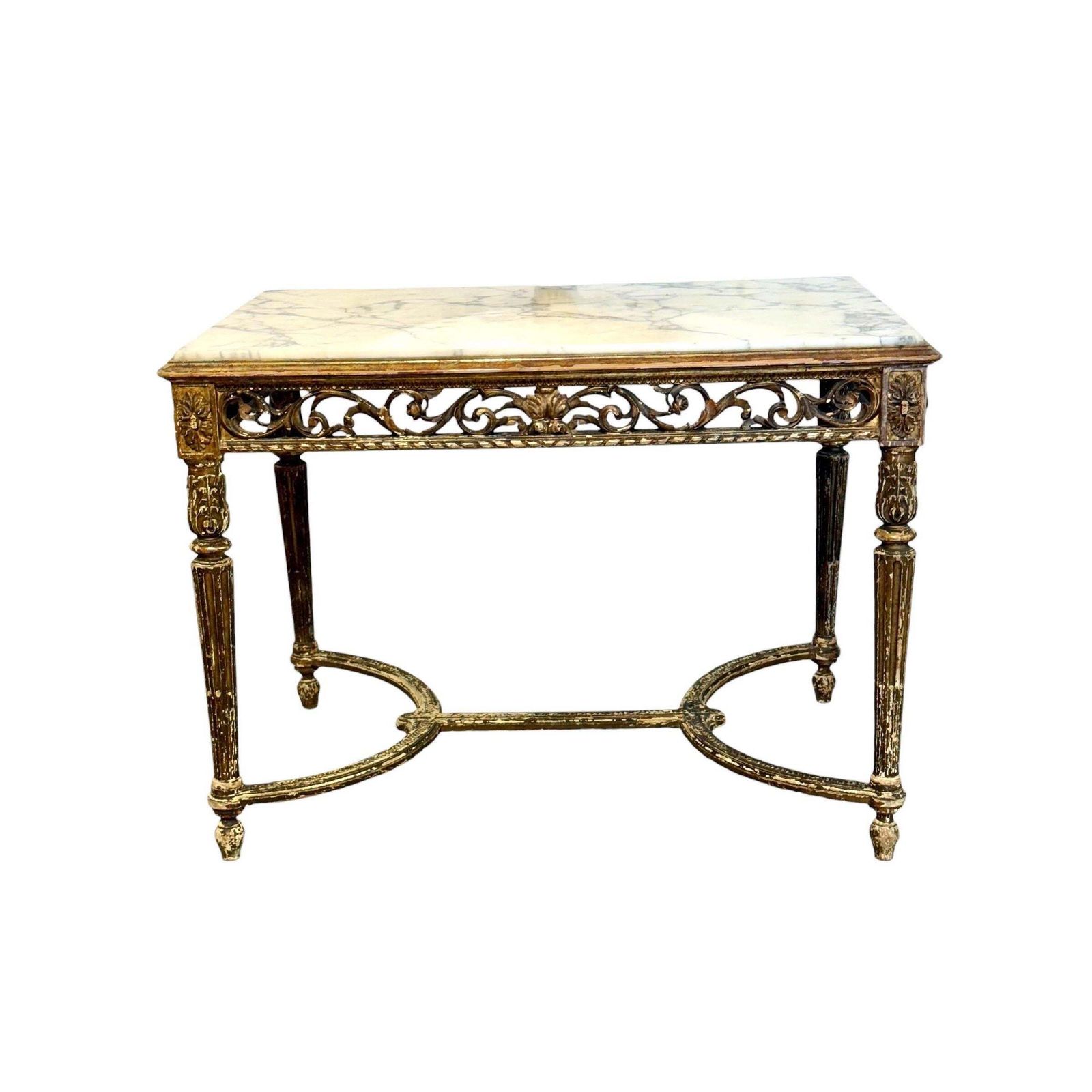 19th Century French Giltwood Center Table With Carved Apron And Marble Top