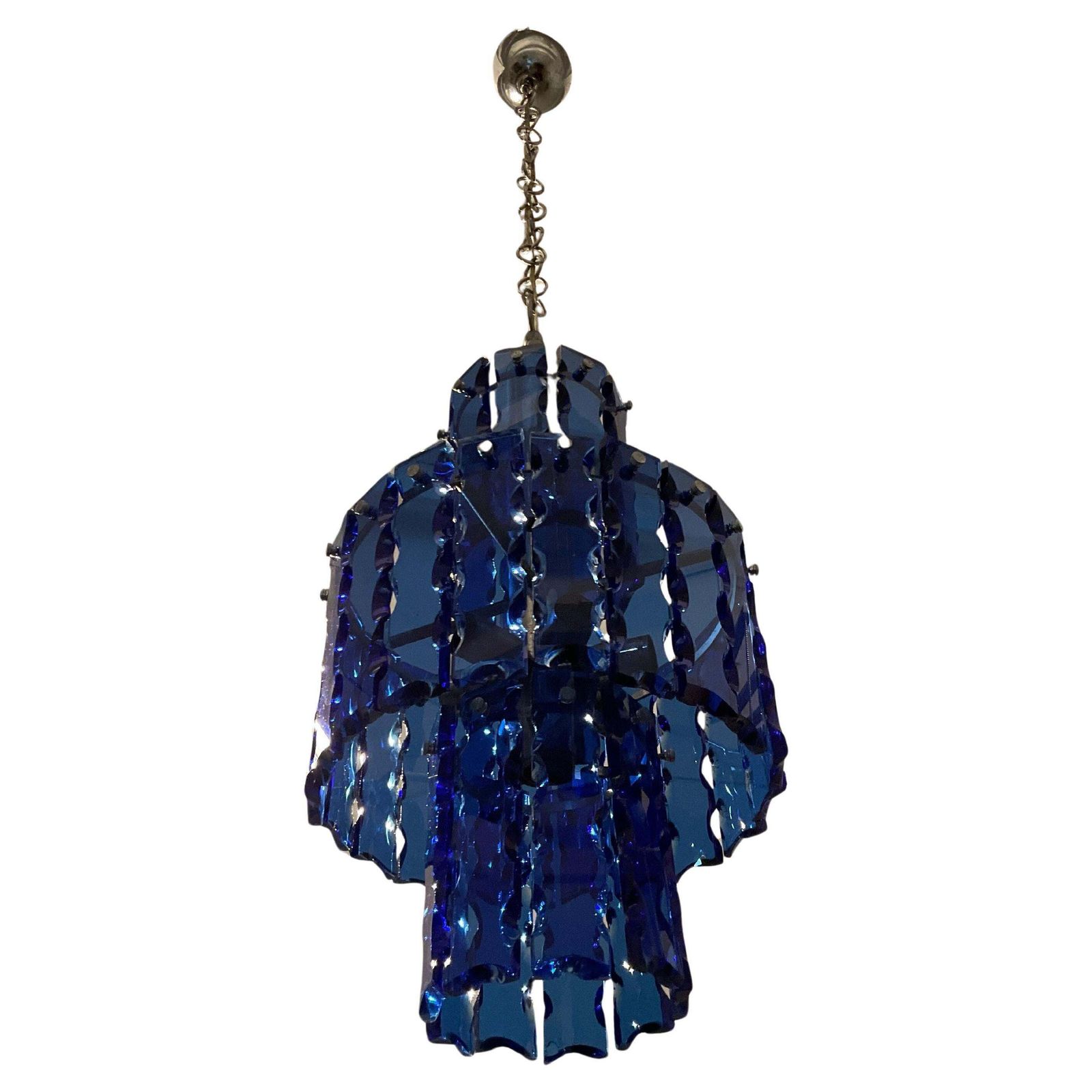 Zeroquattro Milano  Lampadario Anni 60 In Vetro Martellato Blu