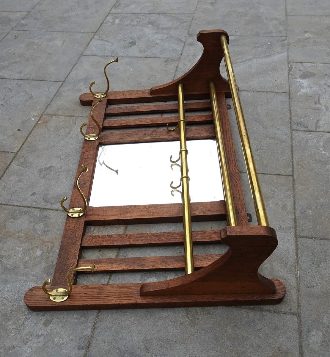 Art Deco Wall Coat Rack In Belgian Oak And Brass, 1920s photo for sale