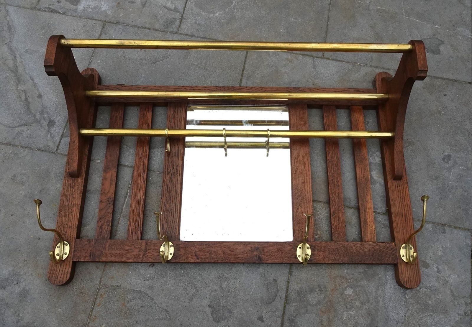 Art Deco Wall Coat Rack In Belgian Oak And Brass, 1920s photo Furniture