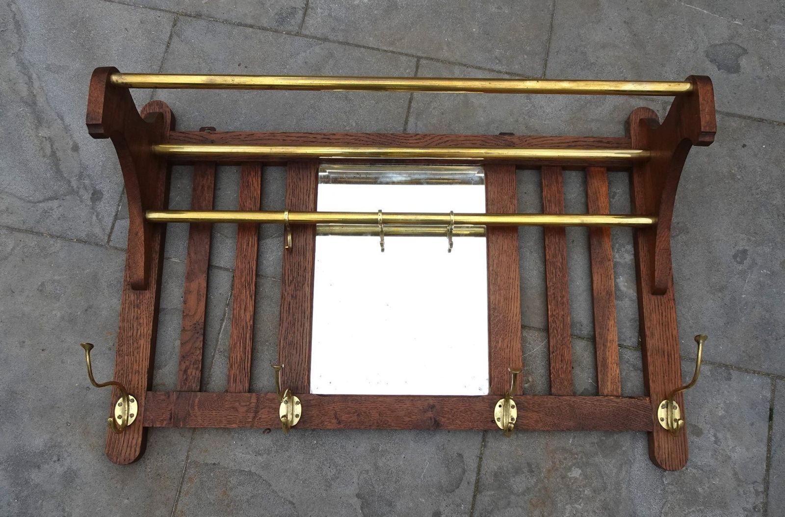 Art Deco Wall Coat Rack In Belgian Oak And Brass, 1920s photo buy