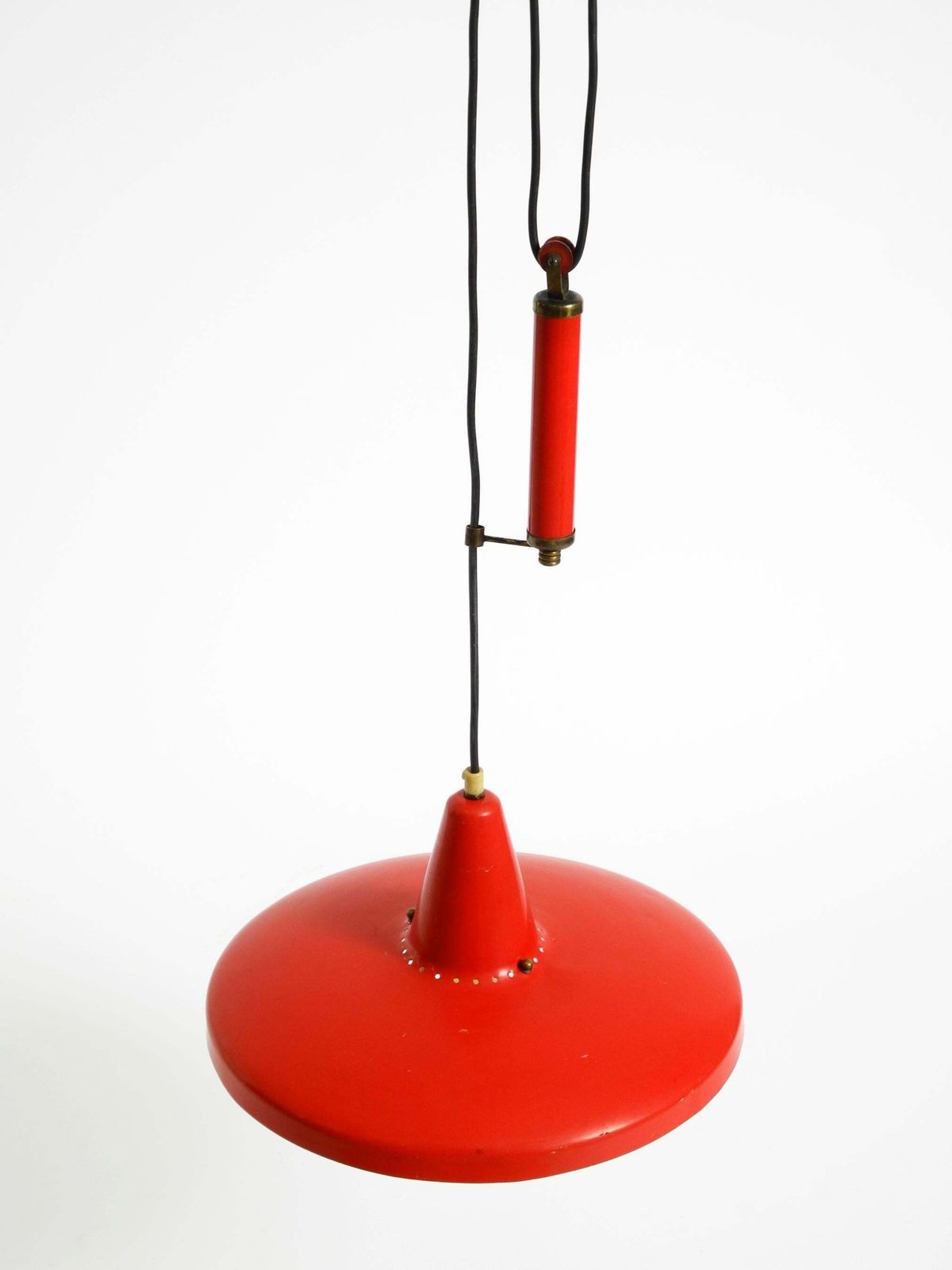 photo buy Mid Century Modern Red Aluminum Pendant Lamp, Height Adjustable, Italy, 1950