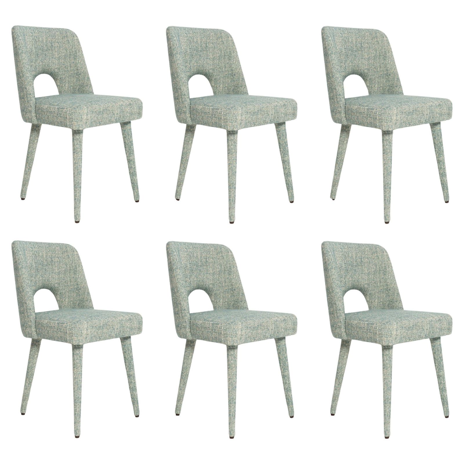 Six Mid Century Shell Chairs In Blue Linen Fabric Arsene By Pierre Frey, 1960s