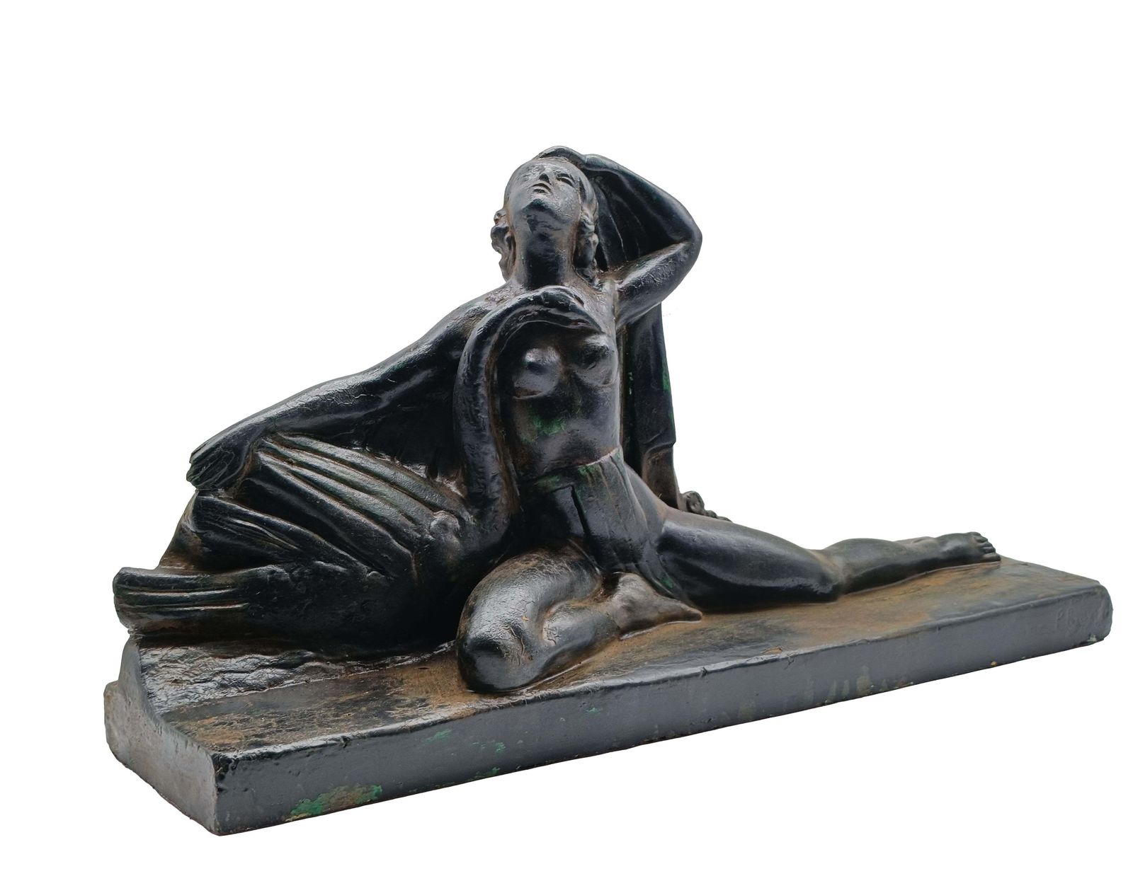 P. Roche Patinated Terracotta Sculpture "Leda And The Swan," 1970s photo furniture