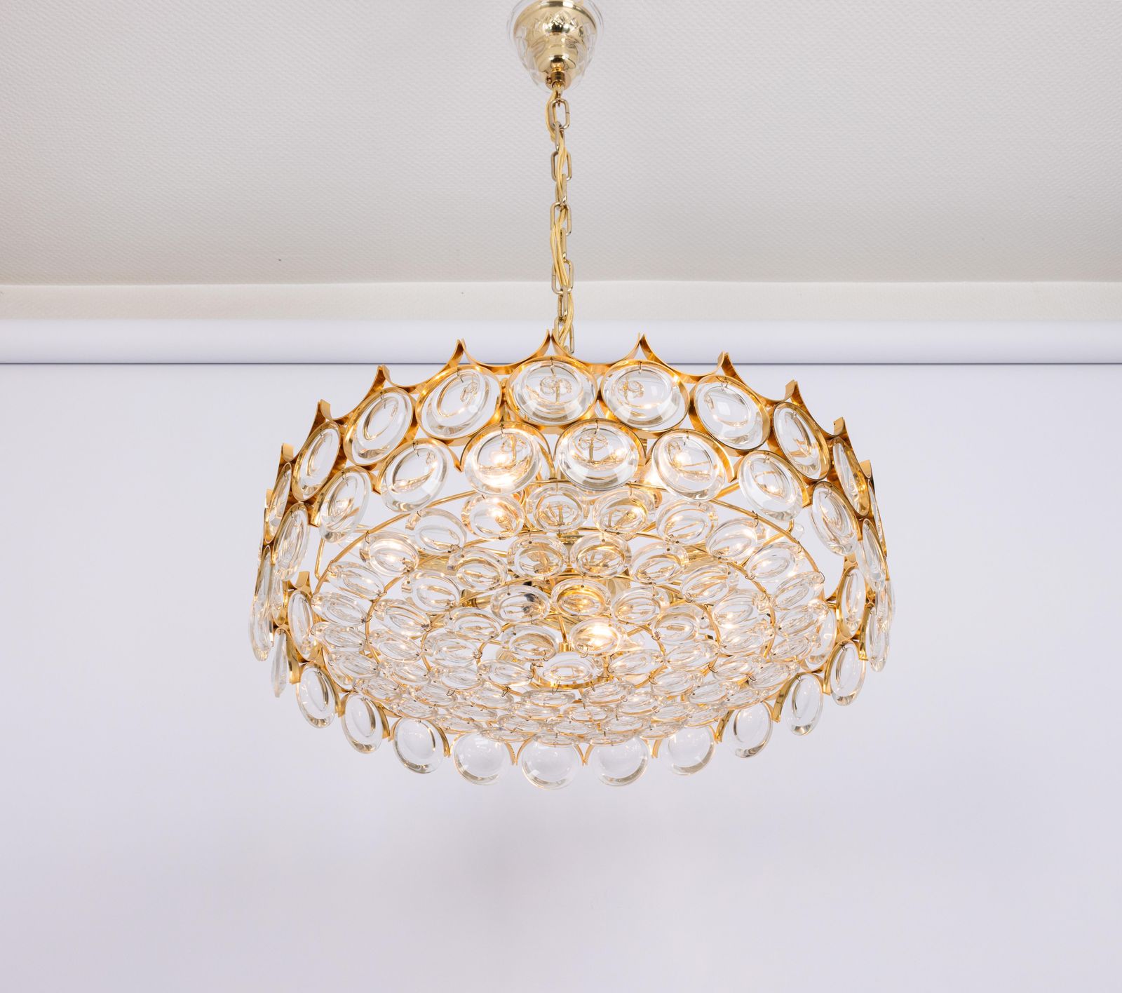 Large Gilt Brass Crystal Chandelier By Palwa, Sciolari Design, Germany, 1970s photo for sale