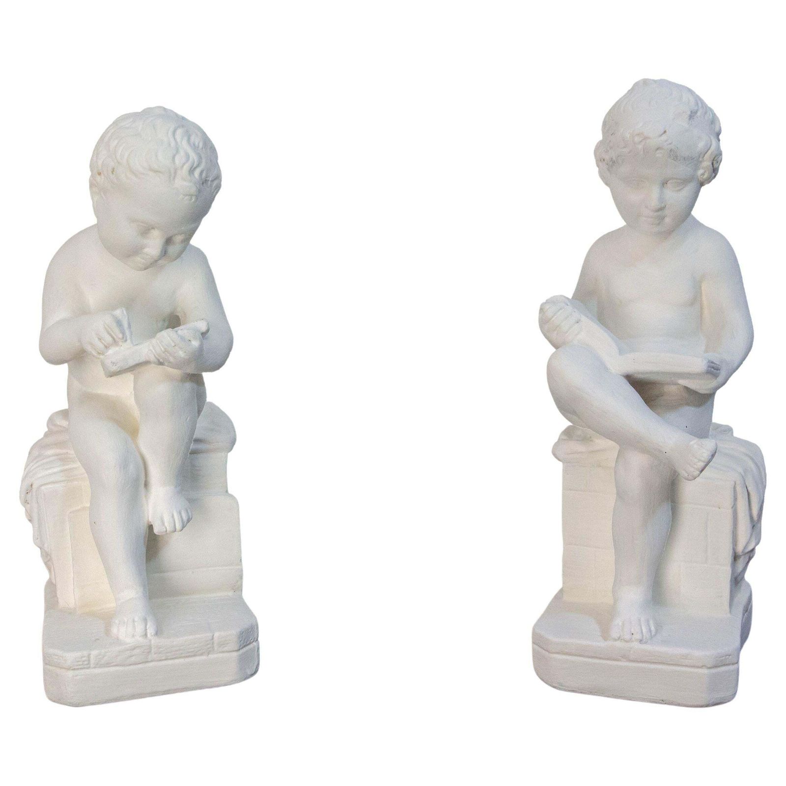 Pair Of Painted Plater Cherubs Book End France, Late 19th Century