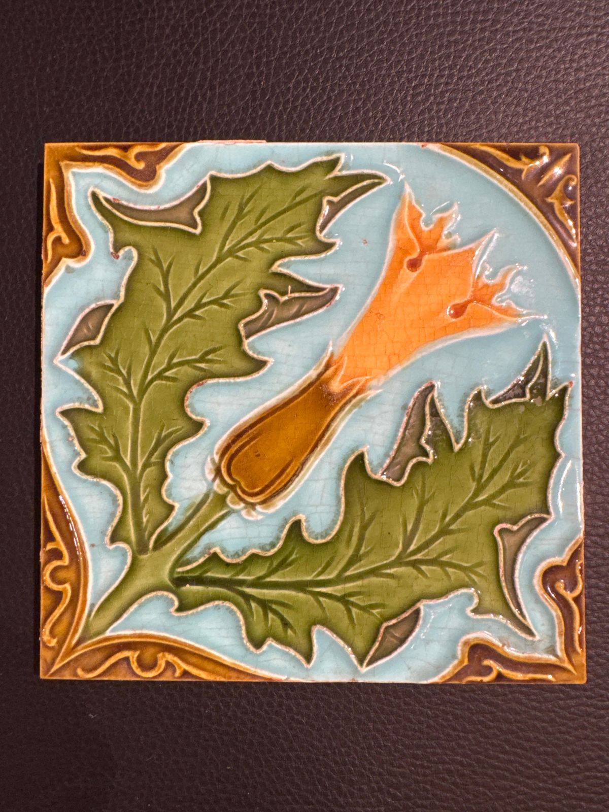Art Nouveau Flower Tiles Designed By Carreaux Faience De Florennes, Belgium photo vintage