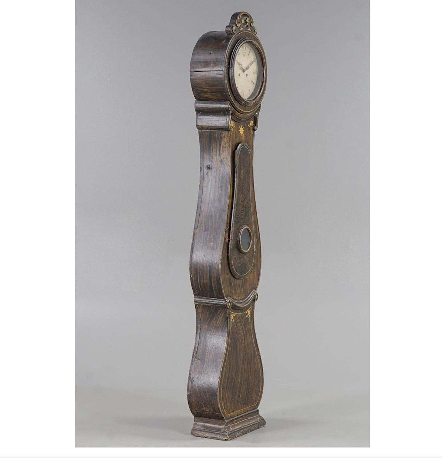 Mora Clock Swedish 1800s Antique Fryksdal 217cm Faux Wood Grain 1800s photo for sale