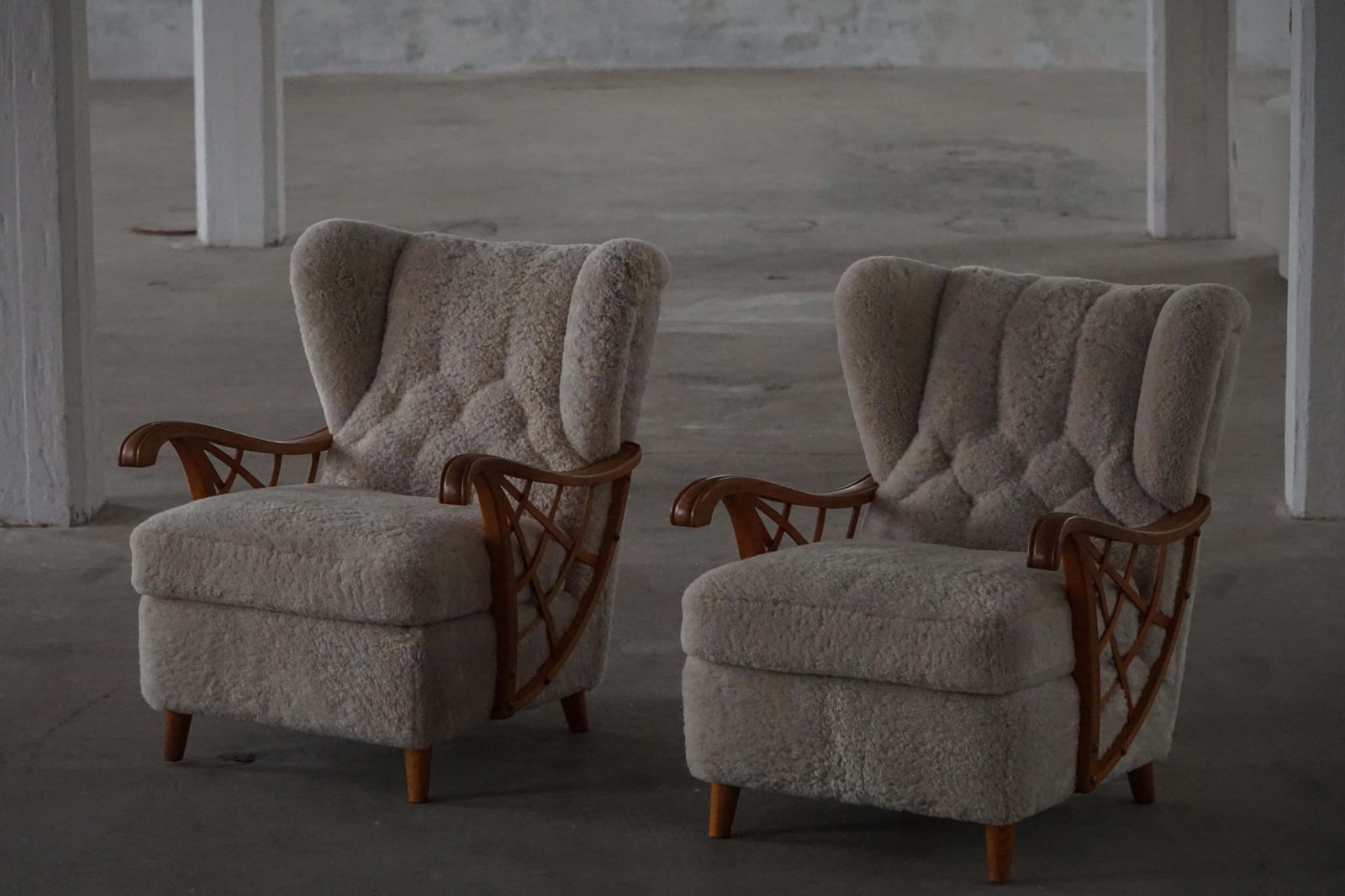 Pair Of Swedish Modern Lounge Chairs, Shearling Lambswool & Elm, 1940s photo Furniture