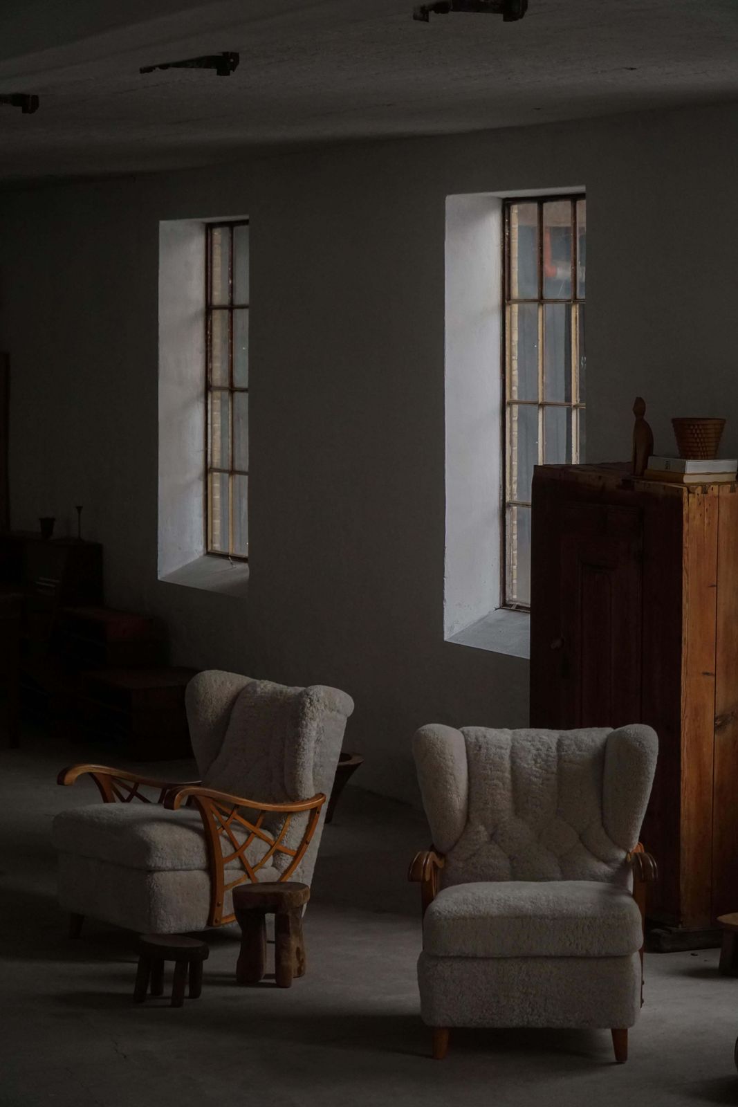 7094.0 Pair Of Swedish Modern Lounge Chairs, Shearling Lambswool & Elm, 1940s photo