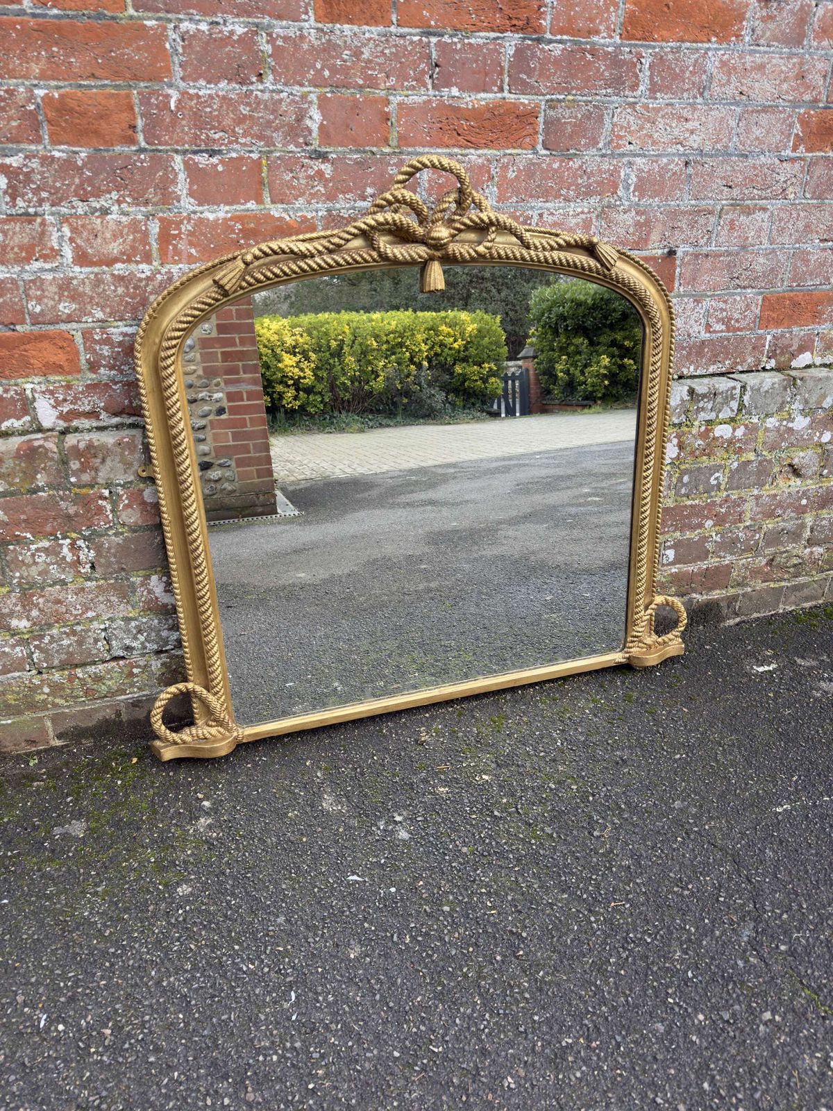 An Exceptional Good Size Antique English 19th C Arched Top Gilt Overmantle Mirror.