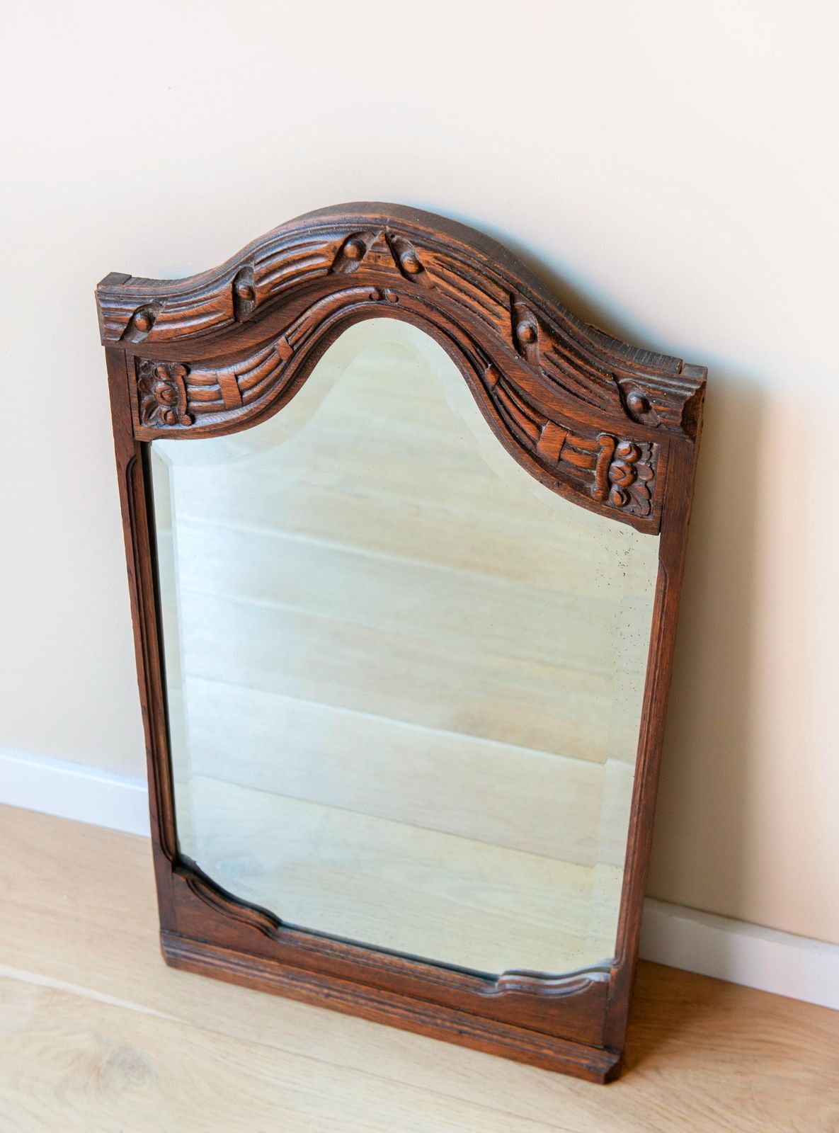 Large Antique Art Deco Belgian Mirror With Beveled Glass – Arched Hand Carved Oak Frame, 1920s photo for sale