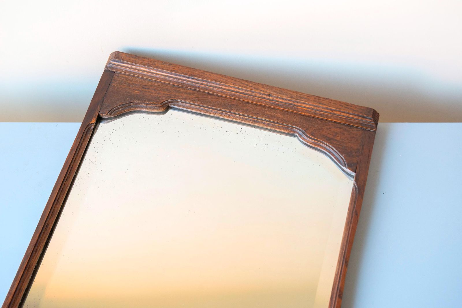 photo for sale Large Antique Art Deco Belgian Mirror With Beveled Glass – Arched Hand Carved Oak Frame, 1920s