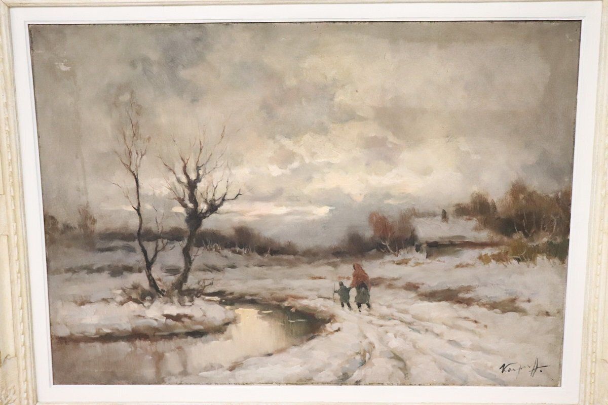Winter Landscape, Oil Painting On Canvas, Early 20th Century, Framed photo furniture