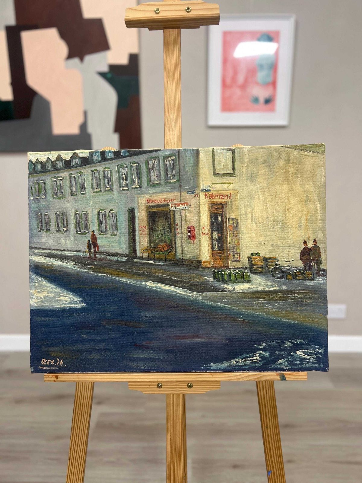 Mid Century Scandinavian Street Scene Picture By Alex 1976, Signed Oil On Canvas