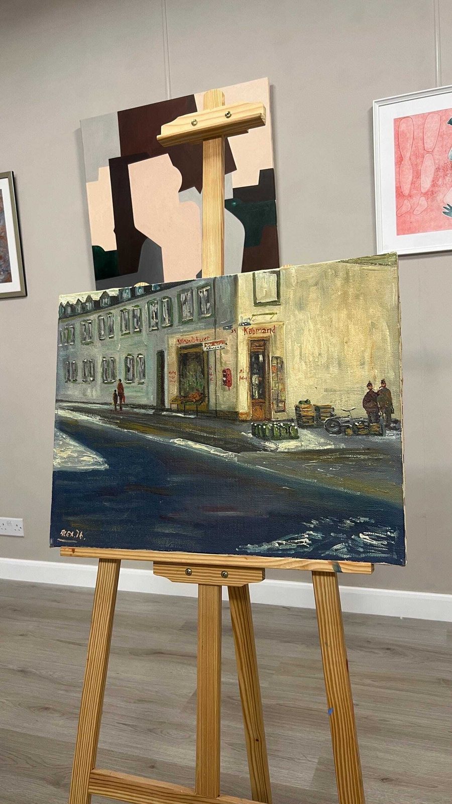 Mid Century Scandinavian Street Scene Picture By Alex 1976, Signed Oil On Canvas photo furniture