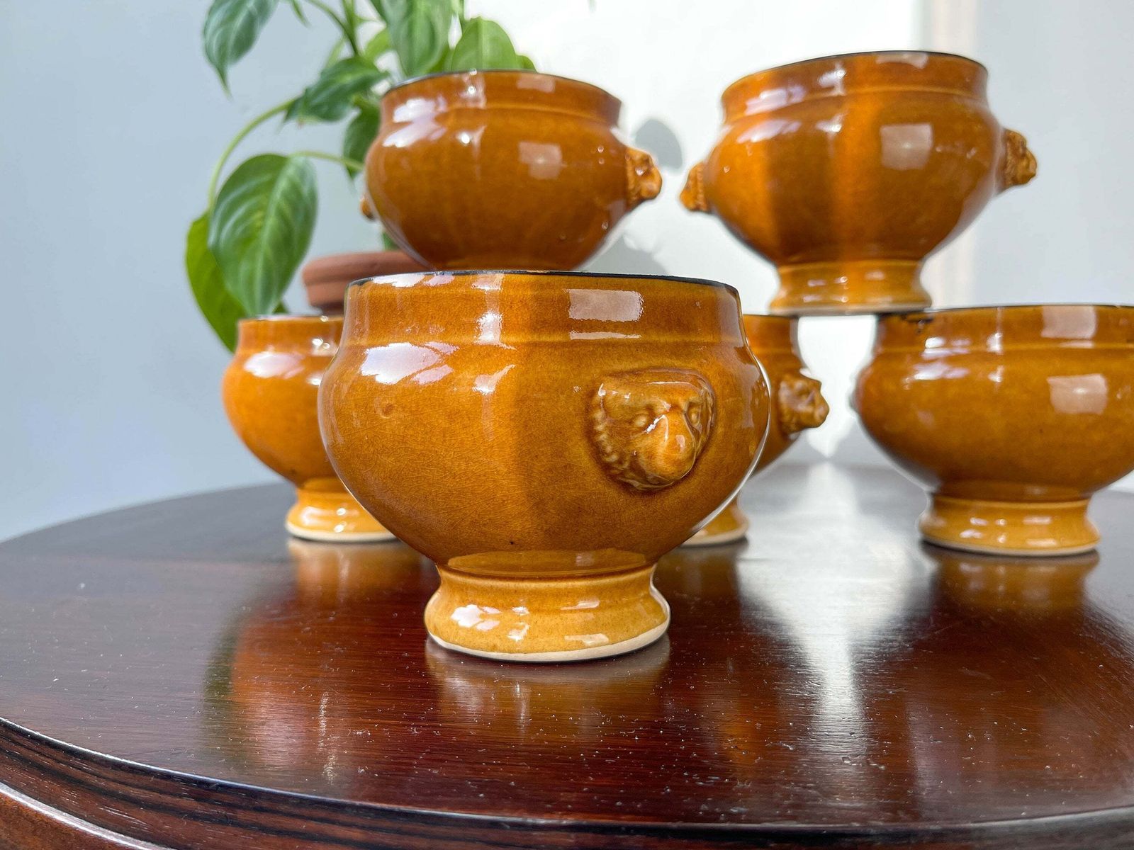 6 Vintage Emile Henry Lion Head Ceramic Onion Soup Bowls   Honey And Black, Made In France   Traditional Elegance photo 64.0