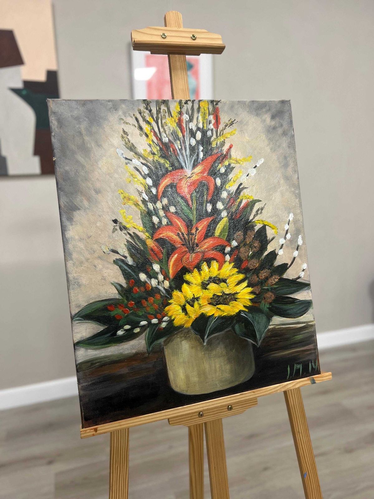 Bold Floral Still Life Painting By I.M. 2014 — Signed Oil On Canvas, 60 X 50 Cm photo furniture