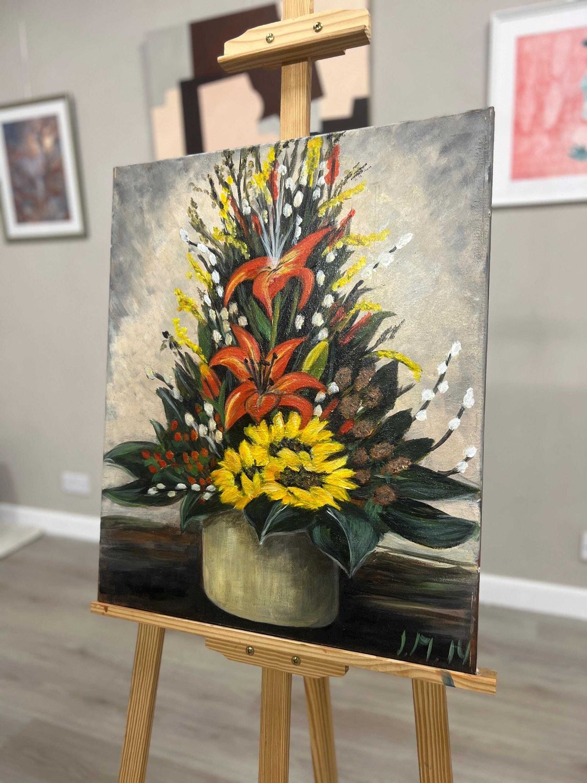 Bold Floral Still Life Painting By I.M. 2014 — Signed Oil On Canvas, 60 X 50 Cm photo for sale