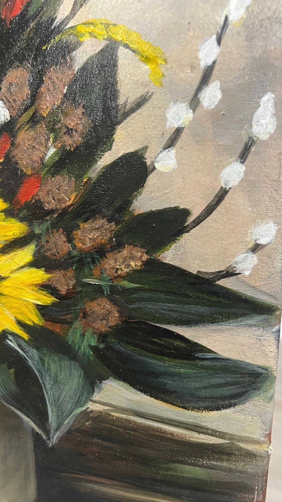Bold Floral Still Life Painting By I.M. 2014 — Signed Oil On Canvas, 60 X 50 Cm photo 149.0