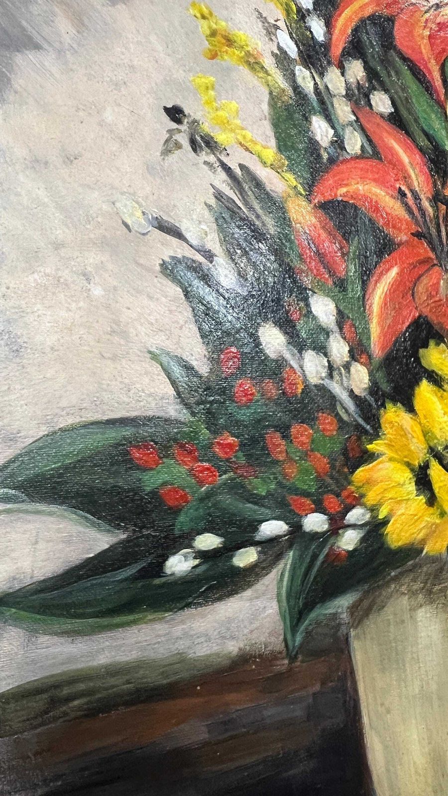 Bold Floral Still Life Painting By I.M. 2014 — Signed Oil On Canvas, 60 X 50 Cm photo buy