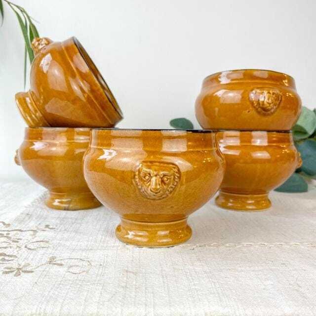 5 Vintage Emile Henry Lion Head Ceramic Onion Soup Bowls   Honey And Black, Made In France   Traditional Elegance photo furniture