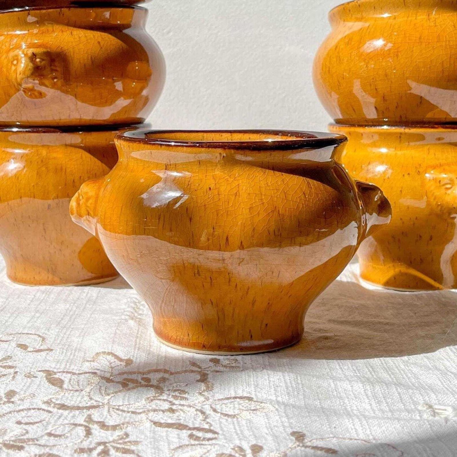 5 Vintage Lion Head Bowls In Speckled Ochre Stoneware Emile Henry Style – Made In France – Soup Bowls, Retro Tableware, Stoneware Bowl