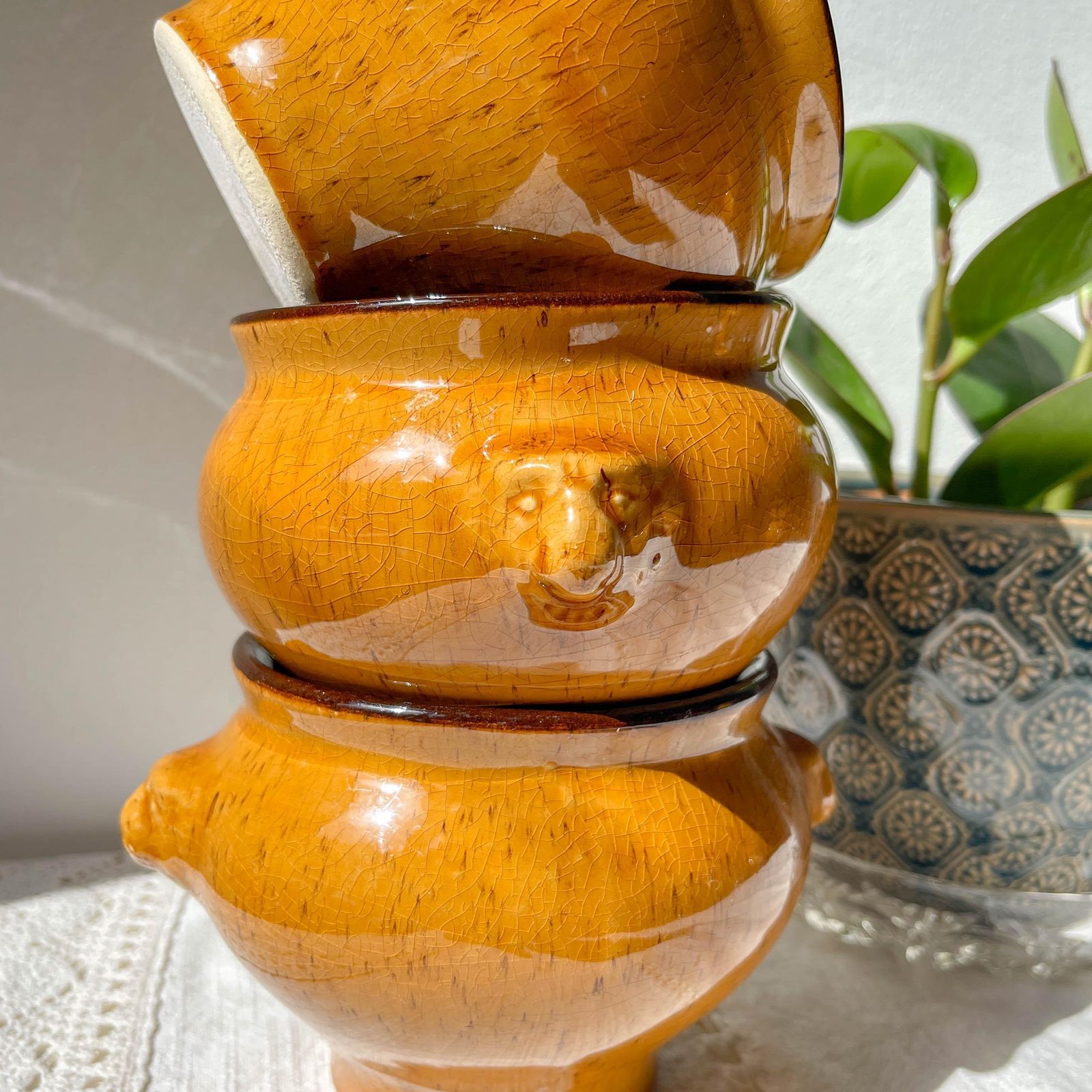 5 Vintage Lion Head Bowls In Speckled Ochre Stoneware Emile Henry Style – Made In France – Soup Bowls, Retro Tableware, Stoneware Bowl photo 53.0