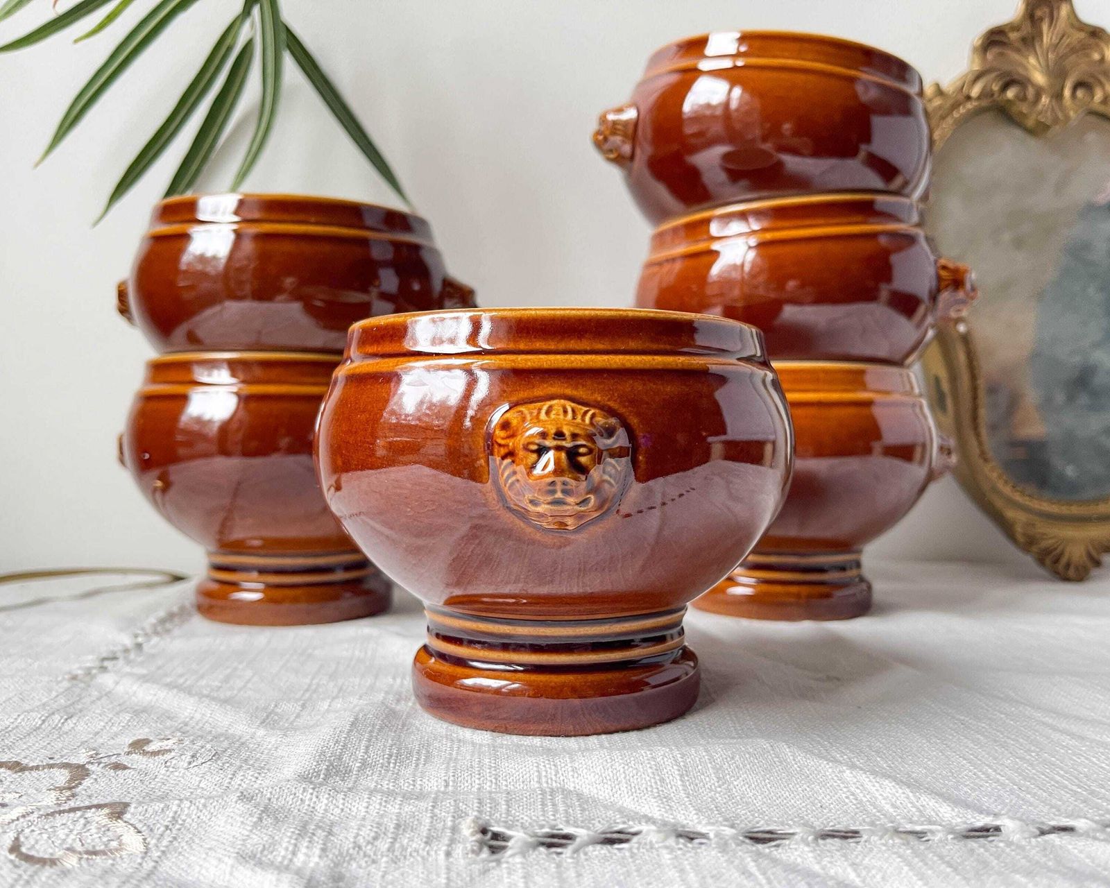 6 Vintage Brown Emile Henry Style Ceramic Lion Head Bowls Made In France     Vintage Onion Soup Bowls   Stoneware Gratin Bowl
