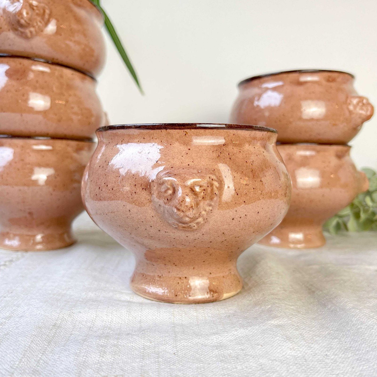 Set Of 6 Vintage Lion Head Onion Soup Bowls – French Ceramic – Speckled Beige Sandstone – Emile Henry Style photo furniture
