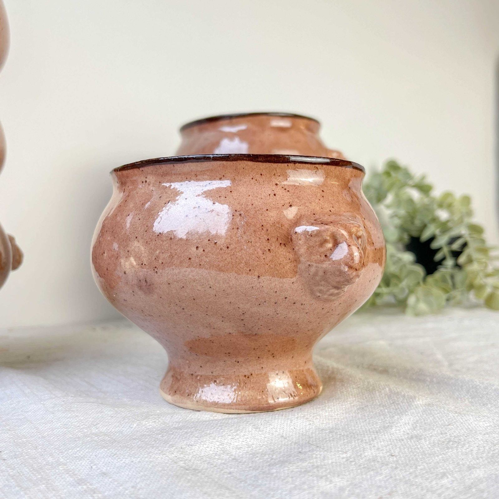 Set Of 6 Vintage Lion Head Onion Soup Bowls – French Ceramic – Speckled Beige Sandstone – Emile Henry Style photo vinterior