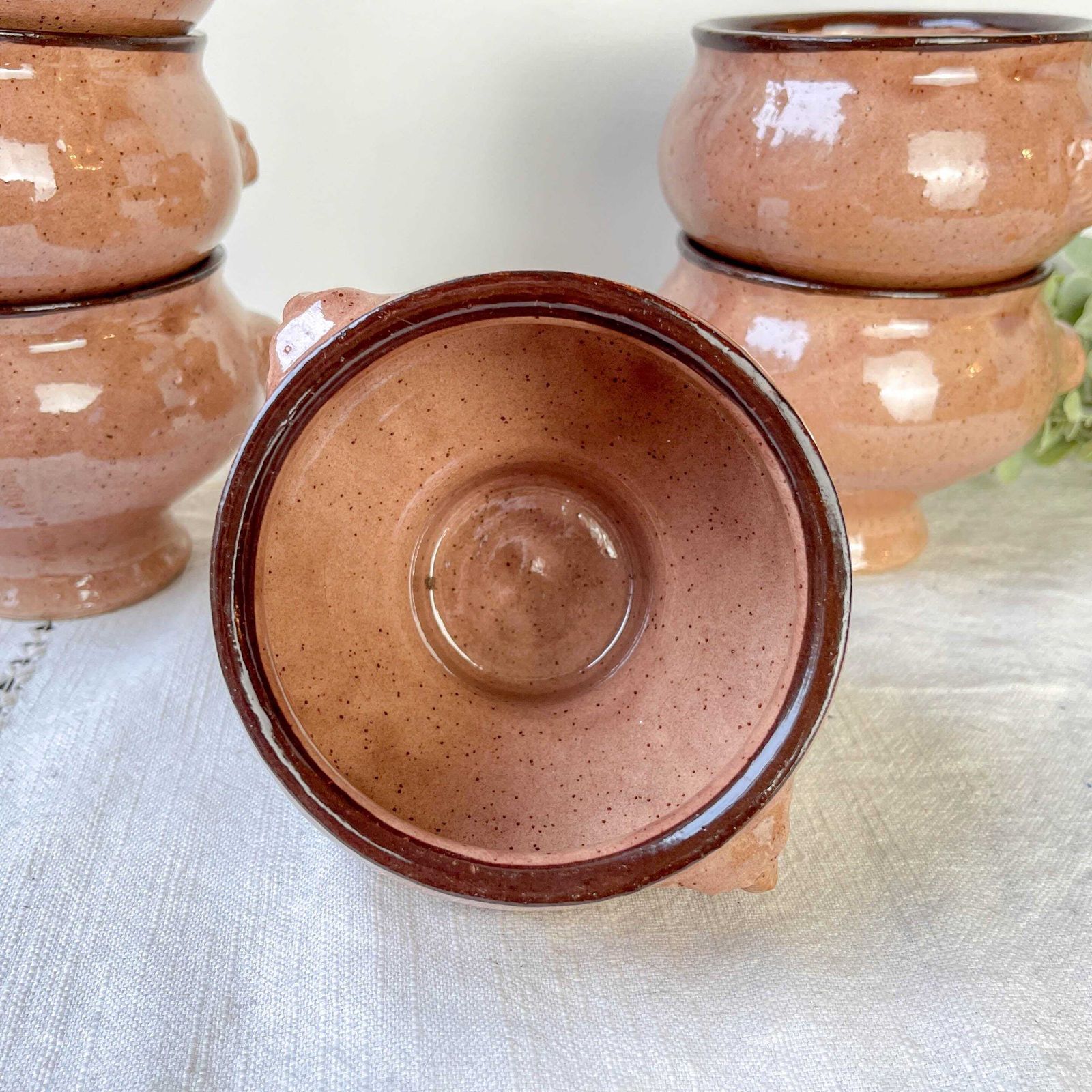 photo furniture Set Of 6 Vintage Lion Head Onion Soup Bowls – French Ceramic – Speckled Beige Sandstone – Emile Henry Style