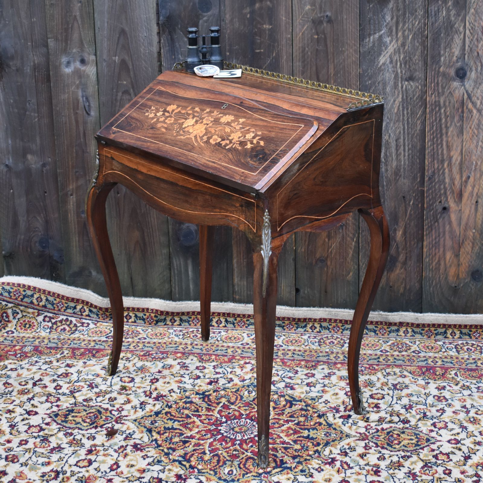 Antique French Bureau De Dame Writing Desk Ladies Marquetry Ormulu Bombe Style photo vinterior